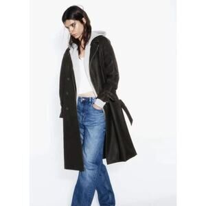 Zara Vintage Black Distressed Faux Leather Trench Coat Belted